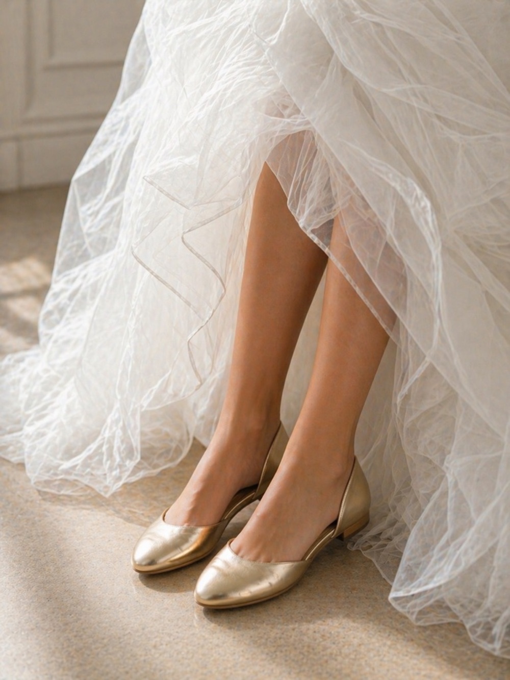 THE WHITE RIBBON Gold‎ Ballet Flat Leather Size 8/38 Bridal Handmade Quality